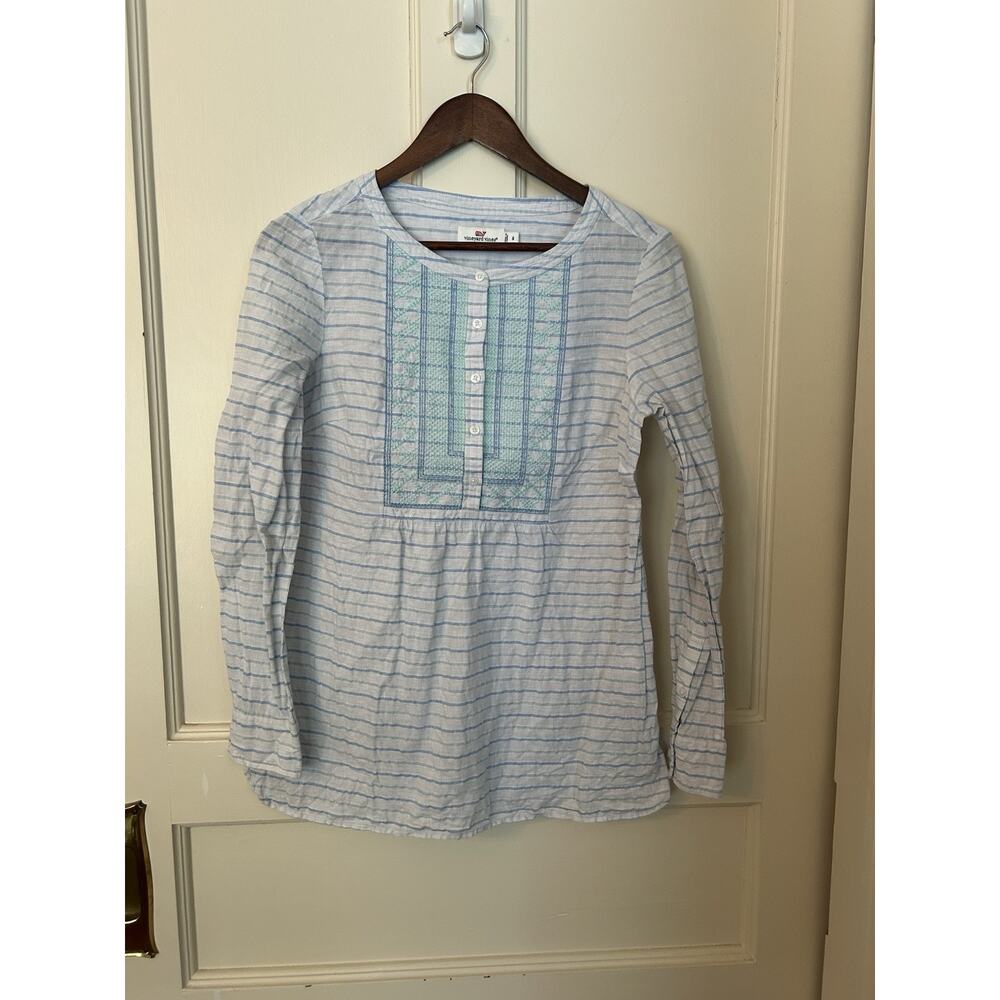 Vineyard Vines Linen Striped Embroidered Blouse Womens Size 8 Blue White Beach